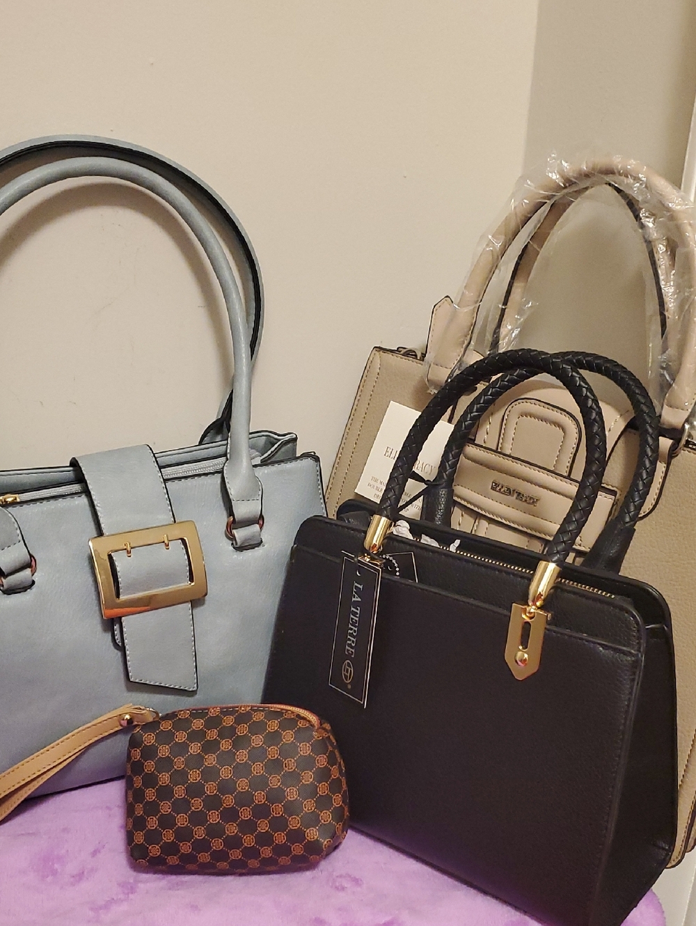 Ellen Tracy Black Braided-Handle Satchel with Gold Accents